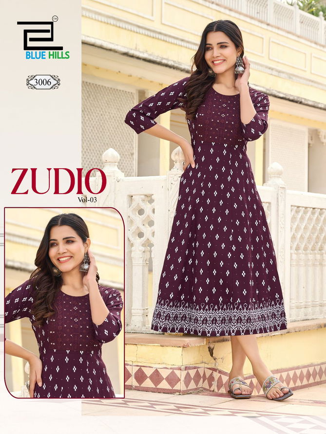 Zudio Vol 3 By Blue Hills Rayon Embroidery Anarkali Kurti Orders In India